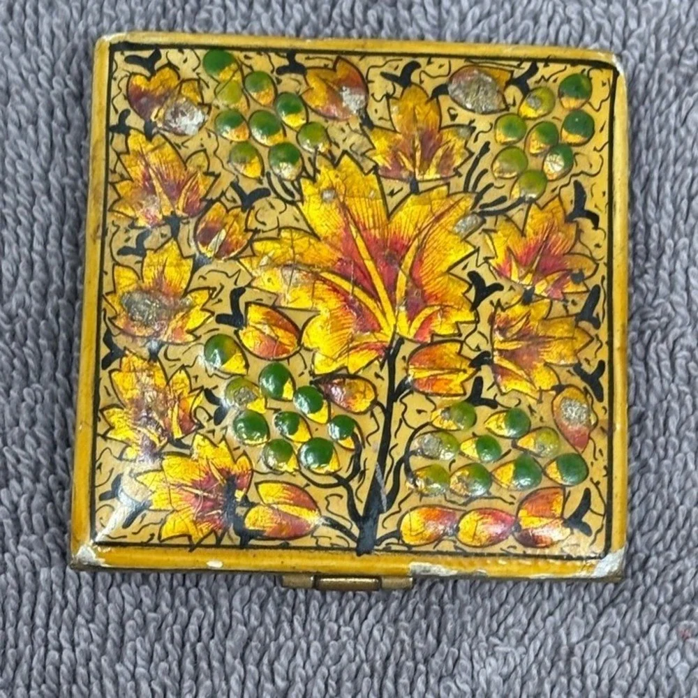 Vtg Folding Vanity Mirror Autumn Leaves Hand Painted Brass Travel Makeup Mirror